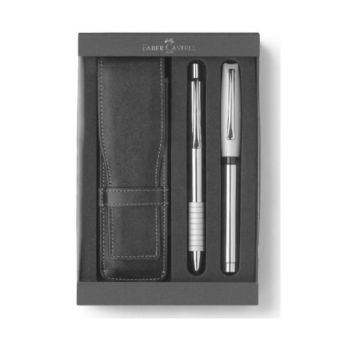 Zestaw prezentowy Faber-Castell Basic Metal pióro wieczne, długopis i skórzane etui.jpg