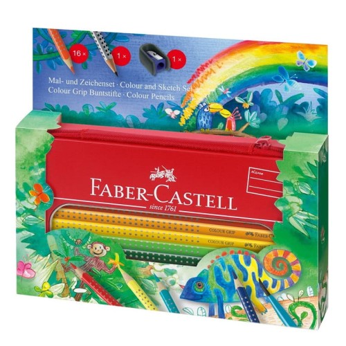 Kredki Faber-Castell Grip 16 szt., temperówka, ołówek w metalowym piórniku - zestaw Jungle